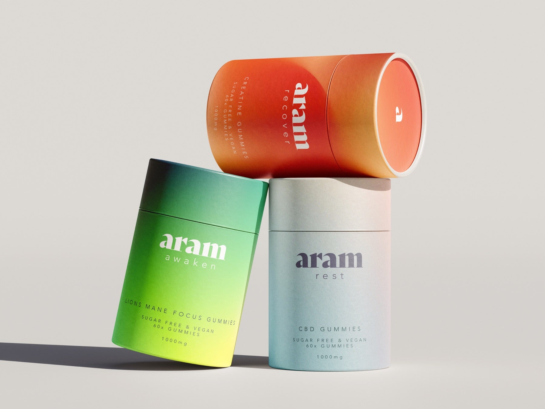 The Aram range — wellness gummies in dark bottles