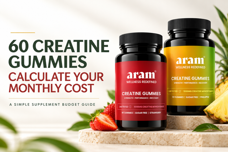 Aram Creatine Gummies in strawberry and pineapple flavours – 60 gummies per bottle, supplement cost guide.